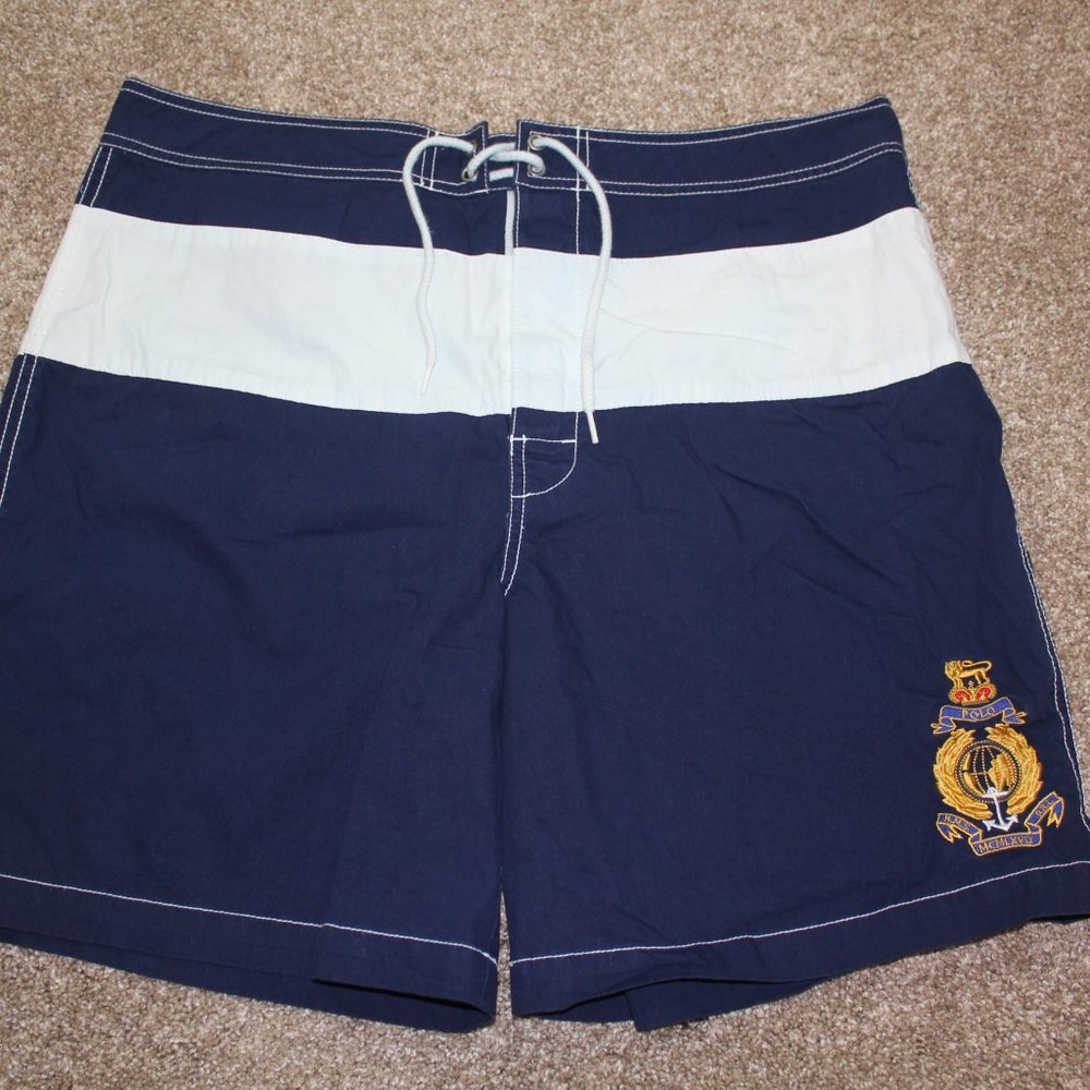 Polo Ralph Lauren Navy Blue White Stripe Board Shorts Swim Trunks Mens Size 34 - Picture 2 of 7